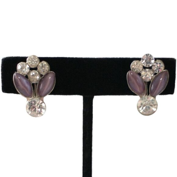 Victorian Rhinestone Earrings Purple Art Deco Lavender Screw Back Silver Tone - Picture 6 of 15